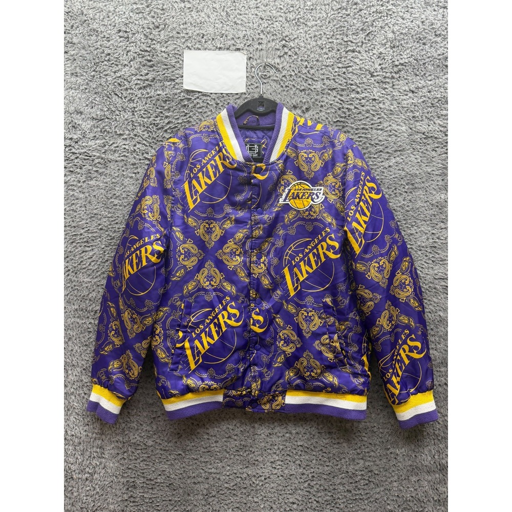 Ultra Game Los Angeles Lakers Paisley Satin Bomber Varsity Jacket Purple Size M